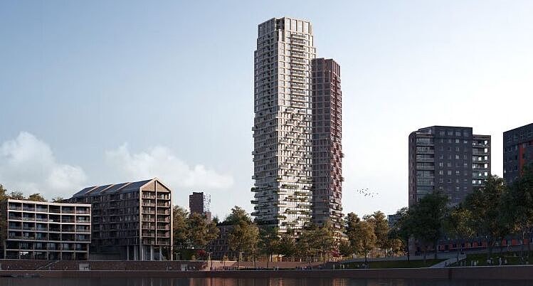 Schets van woontoren Duet. Hoogbouw 120 hoog.